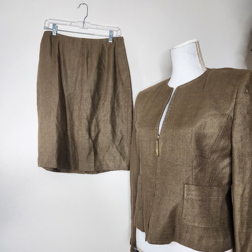 VTG Ellen Tracy Womens Linen Sage Blazer Skirt Set Suit Sizes 10 & 12
